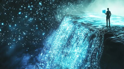 Business Owner Manages Digital Currency Waterfall with Holographic Controls