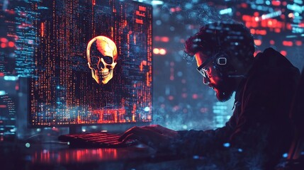Hacker Surrounded by Glowing Streams of Code in Dark Neon Lit Room with Holographic Skull Icon