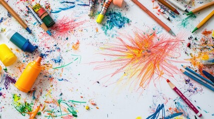 Obraz premium Vibrant and Colorful Mess of Art Supplies and Creations on White Paper with Markers, Paints, Crayons, and Pencils in Creative Studio Space