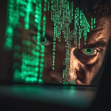 A Hacker s Reflection in a Laptop Screen Amid Matrix Code Encryption Breach