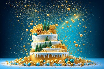 Christmas cake against the backdrop of festive attributes, fireworks and illuminations.