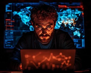 Hacker s Face Illuminated by Laptop Screen in Dark Room with Digital Data Visualizations