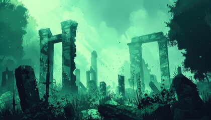 Ruins of an Ancient City Overgrown with Lush Green Foliage