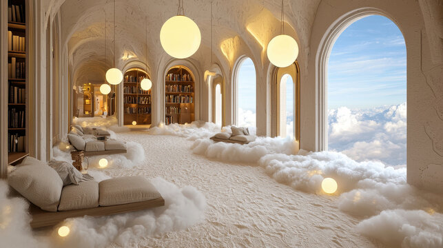 A floating library in the clouds, with books suspended in mid-air and glowing orbs of light illuminating the space. Surreal, fantasy, soft lighting.