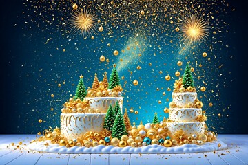 Christmas cake against the backdrop of festive attributes, fireworks and illuminations.