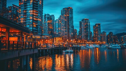 Fototapeta premium Twilight Cityscape with Lights and Water Reflection