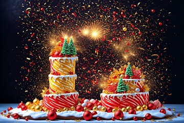 Christmas cake against the backdrop of festive attributes, fireworks and illuminations.