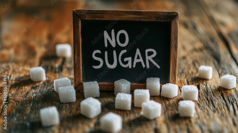 Aufkleber Small framed chalkboard displaying no sugar message surrounded by sugar cubes on rustic wooden table promotes healthy eating habits and raises awareness about sugar reduction