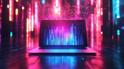 Laptop surrounded by vibrant digital effects.