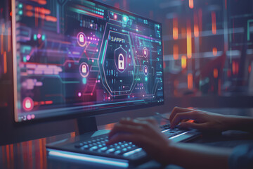 Cyber ​​security on the computer screen shows a secure digital interface with various symbols.