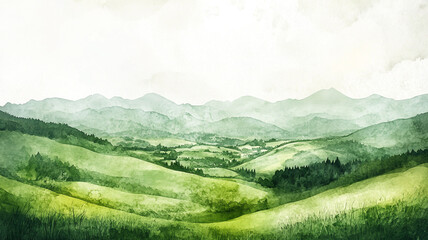 Obraz premium Lush green hills and mountains in a tranquil landscape during a cloudy day