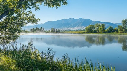 Serene Summer Morning at Misty Lake with Mountains