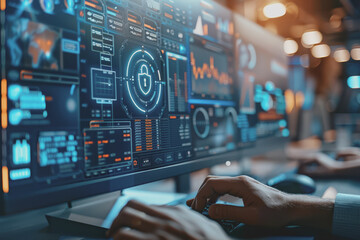 Cyber ​​security on the computer screen shows a secure digital interface with various symbols.