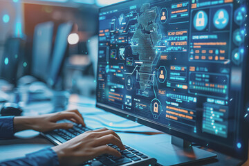 Cyber ​​security on the computer screen shows a secure digital interface with various symbols.