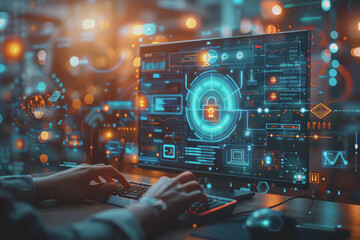 Cyber ​​security on the computer screen shows a secure digital interface with various symbols.