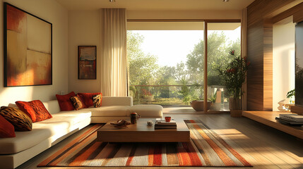 Fototapeta premium Bright and airy living room modern home interior design nature view cozy atmosphere relaxing space for comfort