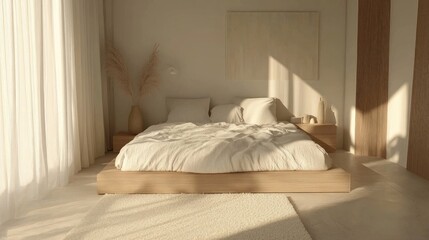Serene Minimalist Bedroom with Natural Light, Soft Textures, and Neutral Tones in a Calm, Contemporary Space for Modern Living