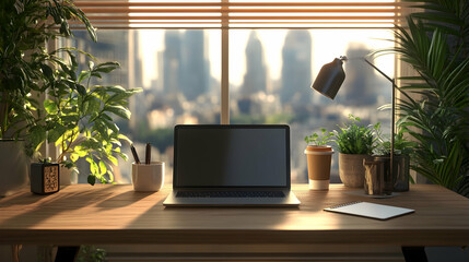 Fototapeta premium Home office setup urban environment digital workspace contemporary design bright atmosphere productivity focus