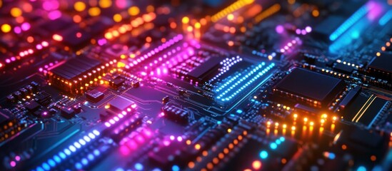 Obraz premium Colorful circuit board with glowing components.