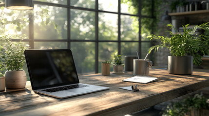 Fototapeta premium Productive workspace home office digital setup indoor garden natural light serenity and focus