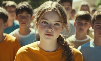 Fototapeta premium teenage girl with freckles and messy hair, wearing an orange t-shirt, stands in front of her school