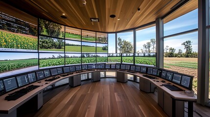 A control room with large screens displaying farm analytics and crop yield predictions 