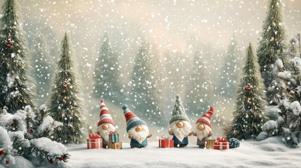 Four adorable gnomes, each holding a present, stand on the snow surrounded by fir trees. Snow is falling, creating a happy, festive atmosphere.