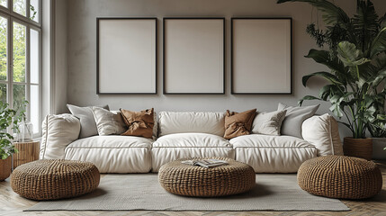 Modern Living Room Mockup: Three vertical frames above a plush cream sofa with earthy tones, creating a cozy and stylish interior design. Perfect for showcasing artwork or product designs. 