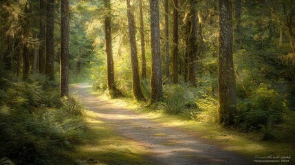 Obraz premium Serene Forest Path with Sunlight Filtering Through Trees