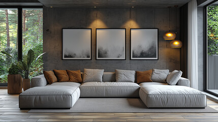 Fototapeta premium Modern Living Room Design: Tranquil sanctuary. Grey sectional sofa, forest view, contemporary art, warm lighting. Relaxing atmosphere. 