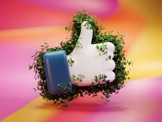 3d Like icon button covered with green plants over colored background