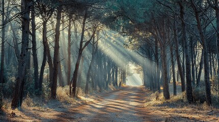 Naklejka premium Serene Evening Forest Path with Last Rays of Sunlight