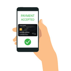 Hand hold smartphone with notification message on screen payment accepted, approved