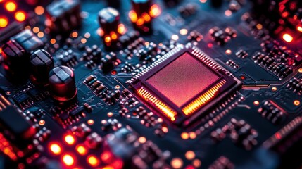 Close-up of a circuit board with glowing components.