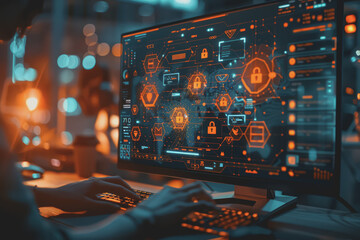 Cyber ​​security on the computer screen shows a secure digital interface with various symbols.