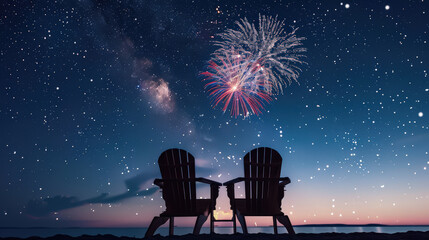 Fototapeta premium fireworks over chairs on beach
