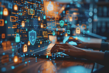 Cyber ​​security on the computer screen shows a secure digital interface with various symbols.