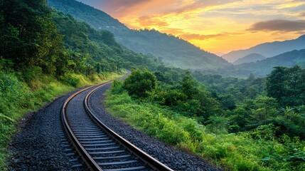 Winding Scenic Railway Track in Lush Mountains