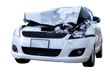 Car Broken,Full body front and side view of white car get damaged by accident on the road. damaged...