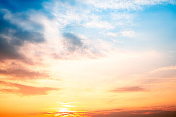 like a bright golden and blue sky. The sunrise is decorated with clouds in various shapes, everning,Twilight, Large size, High definition landscape photo