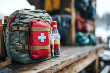 First aid kit on a wooden table outdoors.
