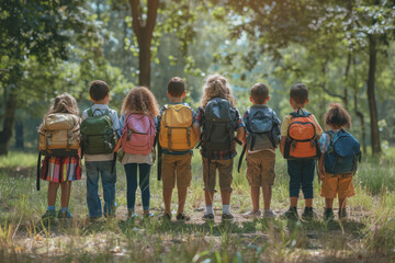 A group of children with backpacks standing in the park near the school.