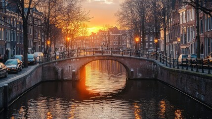 Fototapeta premium Romantic Bridge with Decorative Lamps at Sunset