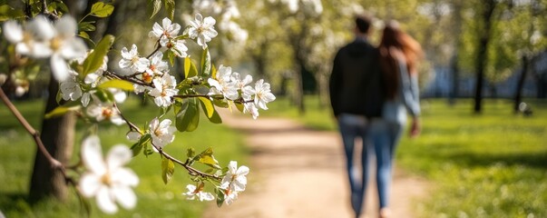 Obraz premium A couple walks through a park, surrounded by blooming flowers in a serene environment.