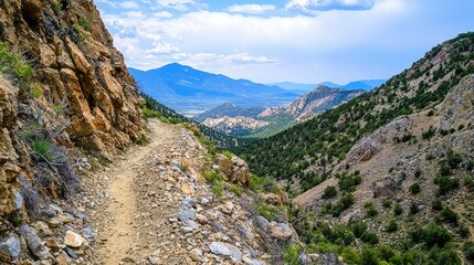 Obraz premium Scenic Rocky Mountain Path with Distant Peaks