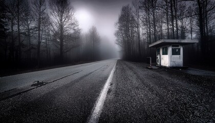 Abandoned old gas station on foggy forest road