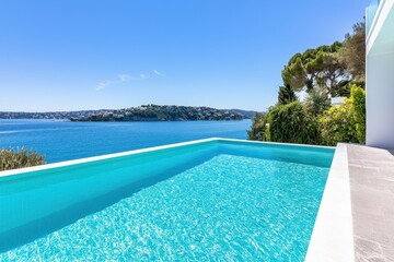 Fototapeta premium A luxury modern villa by the sea with AI-controlled smart features, surrounded by infinity pools and lush greenery. Minimalist, clean, bright colors.