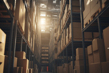 Obraz premium Kartons in einem modernen Lager mit Lichtstrahlen