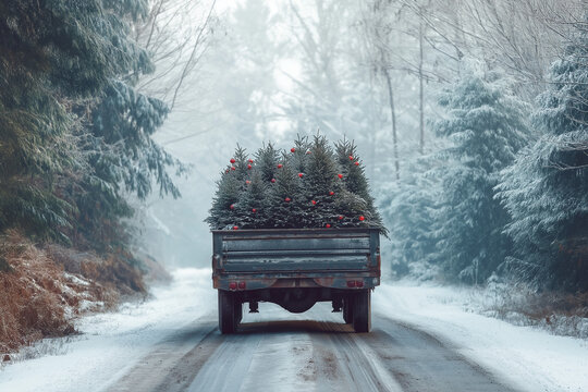 Weihnachtsbaumlieferung auf einer verschneiten Stra&szlig;e

