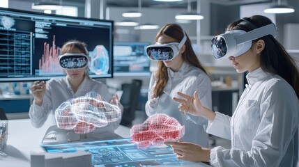 A team of augmented reality engineers wearing VR headsets, manipulating holographic building designs in a tech-filled workspace. High contrast, neon lighting, sci-fi vibes.